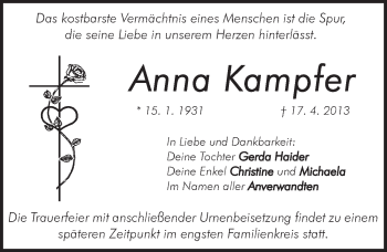 Traueranzeige von Anna Kampfer von Pegnitz-Zeitung